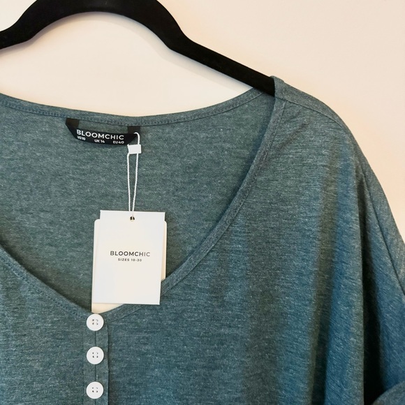 Bloom Chic Plain V Neck Button Detail Roll Dolman Sleeve T-shirt - Picture 2 of 7